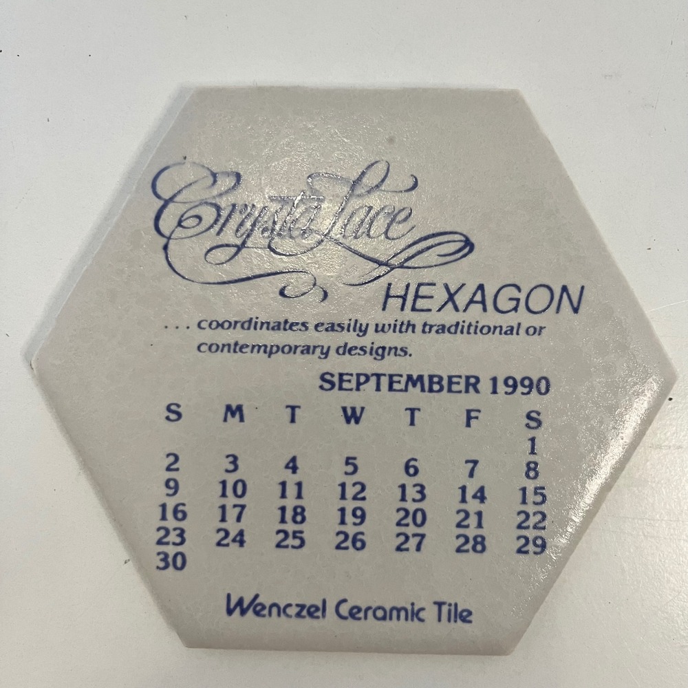 Vintage Wenczel Ceramic Tile CrystaLace Hexagon Sept 1990 Calendar Blue Cream